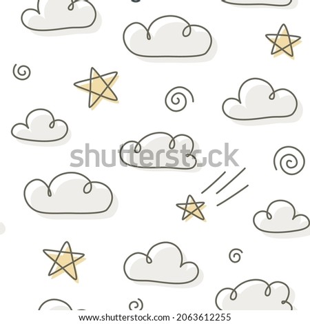 Cute doodle outline cloud sky pattern with falling stars. Seamless texture for textile, fabric, apparel, wrapping, paper, stationery, nursery.