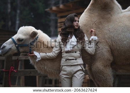 Young beautiful brunette in a rider costume next to a big white camel with two humps, forest in the background
