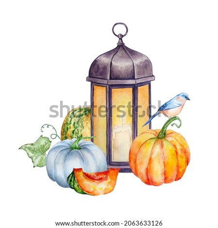 Watercolor autumn composition with lantern, pumpkins, leaves and bird. Illustration for invitations, typography, print and other designs.

