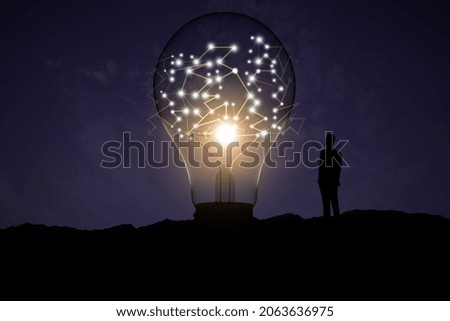 Back view of backlit businessman looking at creative glowing lamp with polygonal connections on night landscape background. Idea and innovation concept