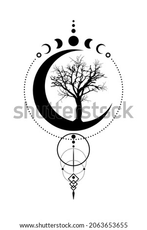 Mystical Moon Phases, tree of life, Sacred geometry. Triple moon, half moon pagan Wiccan goddess symbol, silhouette wicca banner sign, energy circle, boho style vector isolated on white background Royalty-Free Stock Photo #2063653655