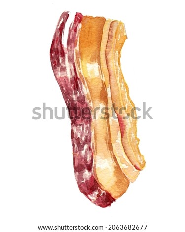 Watercolor bacon, hand drawn food illustration. Fast food recipe, cookbook art. Frying meat, BBQ ham. Fat of pig, realistic image. Raster stock illustration in aquarelle, white isolated.