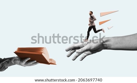 Two hands, open book and runner. Art collage. Learning, craving for new knowledge. Education concept.  Royalty-Free Stock Photo #2063697740