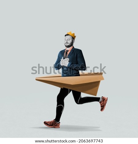 Art collage. Running businessman with a paper airplane. Startup launch, creativity in business, leadership. Royalty-Free Stock Photo #2063697743