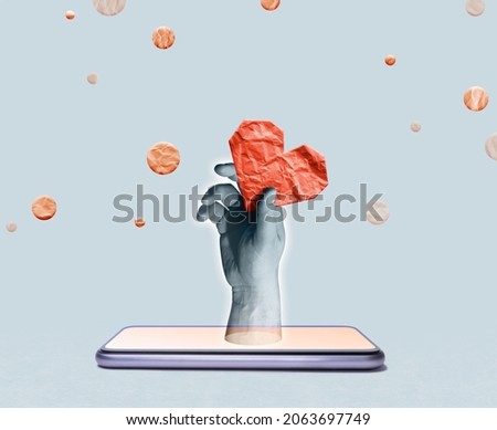 Art collage with smartphone, human hand and red paper heart. Сoncept of dating, aid, charity.  Royalty-Free Stock Photo #2063697749