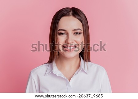 Photo of cheerful young girl good mood confident smart agent manager leader isolated pink color background