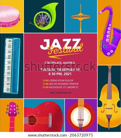 Vector poster background for jazz festival. Jazz music modern illustration, background with musical instruments for music events, placard or invitation flyer template.