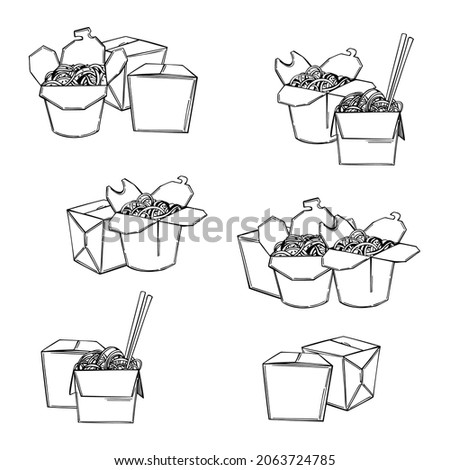 Hand-drawn wok set. Asian street food. Wok noodles in a paper box.  Vector sketch  illustration.