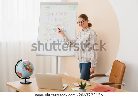 Maths distant remote online lesson. Young teacher tutor lector working on distance during lockdown, explaining sums on whiteboard using laptop for video call. Royalty-Free Stock Photo #2063725136