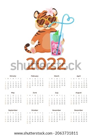 Vector 2022 calendar template with cute tiger drinking fresh cocktail on white background. Summertime. All months. Calendar design with a cartoon style character.
