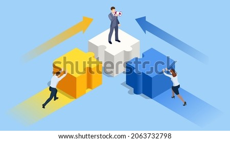 Isometric people connecting puzzle elements. Business teamwork, cooperation, partnership. Team work, team building, corporate organization. Puzzle teamwork. Royalty-Free Stock Photo #2063732798