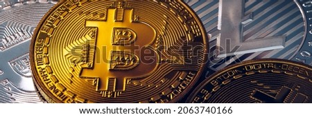 Crypto currency coin set collection, bitcoin, ethereum, litecoin, ripple. Digital currency. Cryptocurrency. Silver and golden coins with bitcoin, ripple, litecoin and ethereum symbol.