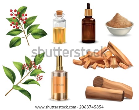 Sandalwood sticks powder flowers and bottles of perfume and essential oil realistic set isolated on white background vector illustration Royalty-Free Stock Photo #2063745854