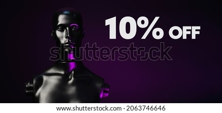 big banner offer stores Mannequin black friday november on black background isolated and purple light advertising