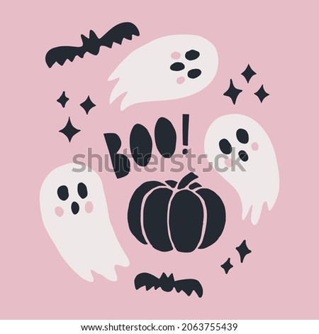 Cute Halloween Vector Illustration with Pumpkin Surrounded by Ghosts and Bats. Isolated on Pink Background. Hand Drawn Simple Design. Ideal for Posters, Cards, Wall Art or Clothes.
