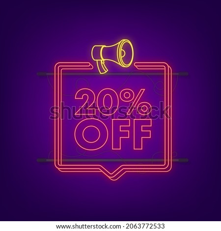 20 percent OFF Sale Discount neon banner with megaphone. Discount offer price tag. 20 percent discount promotion flat icon with long shadow. Vector illustration