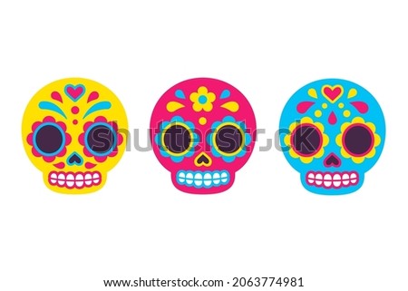 Mexican Dia de los Muertos (Day of the Dead) sugar skull icons. Cute cartoon illustration set in flat vector style.