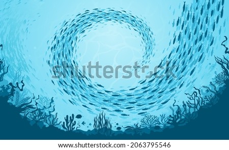 Fish school, underwater seabed landscape. Vector ocean bottom with seaweeds and swirl shoal of fish silhouettes in blue water background. Aquatic shoal life, marine nature, flora and fauna
