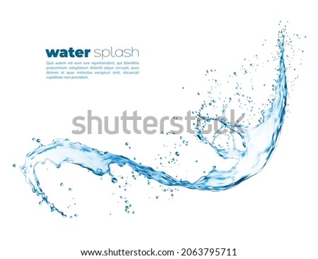 Transparent realistic water splash or wave flow with drops. Vector blue liquid splashing swirl, aqua dynamic motion element with spray droplets, isolated whirl of water
