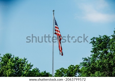 American flag between trees blue sky 