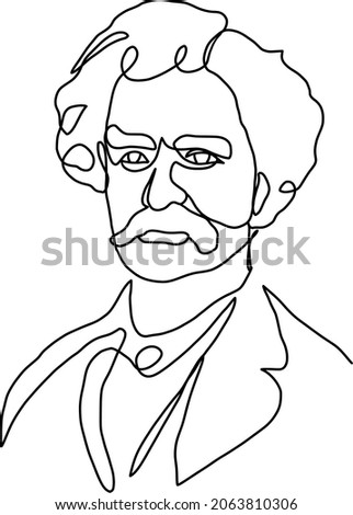 Continuous line drawing of Mark Twain (Samuel Langhorne Clemens) portrait, hand drawn minimalist modern abstract vector illustration