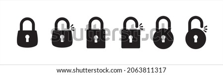 Lock icon set. Locked and unlocked vector icon set. Locked and unlocked padlock symbol of device security. Privacy symbol vector stock illustration. Round and square shape padlock. Royalty-Free Stock Photo #2063811317