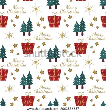 Seamless pattern with festive Christmas gift, trees in snow, stars and snowflakes on white background. Bright print for New Year and winter holidays for wrapping paper, textile and design