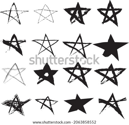 Vector art illustration of grunge stars. Hand drawn set paint object for design. Black and white shine background. Abstract brush drawing