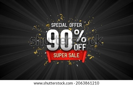 Discount banner 90% off. Promotion poster with confetti and red ribbon. Vector illustration. Royalty-Free Stock Photo #2063861210