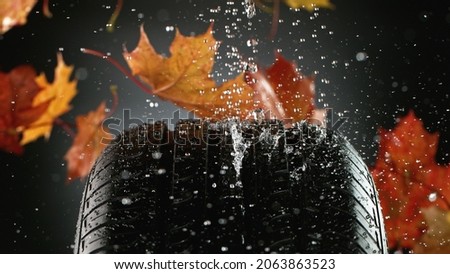Car tire with falling autumn leaves and splashing water, macro photo, weather concept. Studio photo, Free space for text. Royalty-Free Stock Photo #2063863523