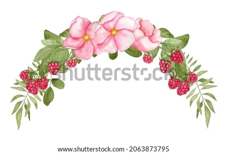 Watercolor forest half wreath illustration with pink flowers, raspberry, greenery, summer frame border clipart