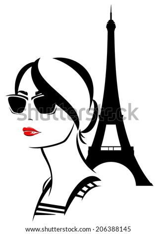 Beautiful trendy woman wearing sunglasses with an eiffel tower behind - fashion girl travel in Paris vector
