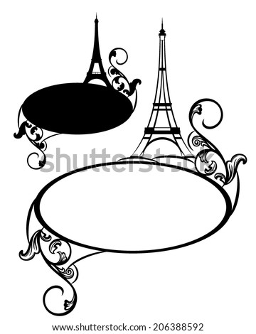 Elegant frame with eiffel tower and decorative floral swirls - blank france theme vector border