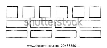 Grunge square and rectangle frames. Ink empty black boxes set. Rectangle borders collections. Rubber square stamp imprint. Vector illustration isolated on white background. Royalty-Free Stock Photo #2063886011