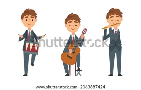 Young Man in Suit and Tie Playing Musical Instrument Performing Concert on Stage Vector Set