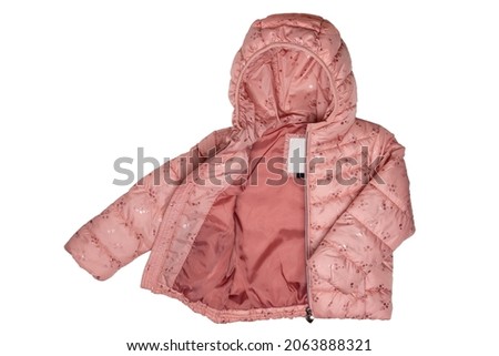 Childrens winter jacket. Stylish pink warm winter down jacket for kids isolated on a white background. Winter fashion.