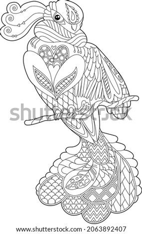 Cute beautiful bird. Doodle style, black and white background. Funny bird, coloring book pages. Hand drawn illustration in zentangle style for children and adults, tattoo.