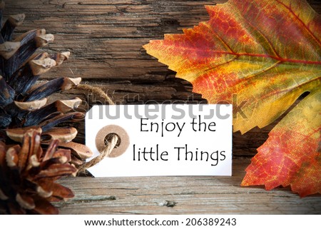 A Fall Label with the Life Quote Enjoy the little Things, on Wood