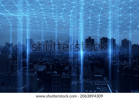 Creative city background with glowing polygonal connections. Urban technology, smart city and future concept. Double exposure