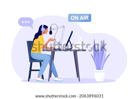 Woman sitting with headphones and microphone recording audio podcast or listening online show. Radio host behind a desk speaks into the microphone on the air. Mass media broadcasting. Vector design