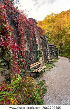 benches in beautiful colorful hanging garden of castle in Lillafüred Hungary autumn fall season in Bükk National Park