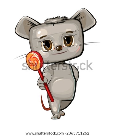 Cute kid Mouse stretches out his hand offering a treat. He wants to present a sweetness lollipop. Funny animal baby. Illustration for children. Isolated on white background. Vector.