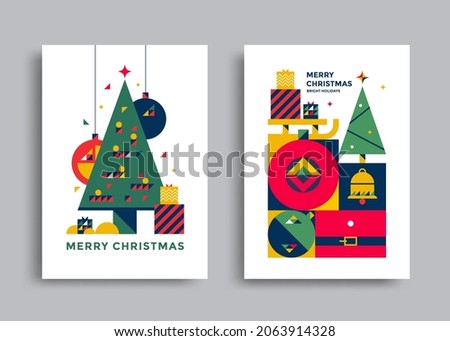 New Year and Christmas greeting card design. Vector geometric illustrations for holiday graphic with christmas tree, toy, bell.