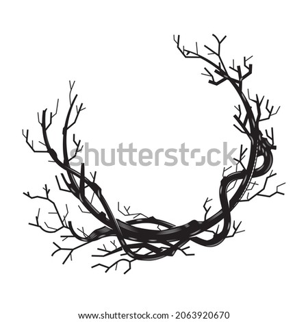 Branches tree roots frame woodcut vintage Line art. clip art vector illustration.
