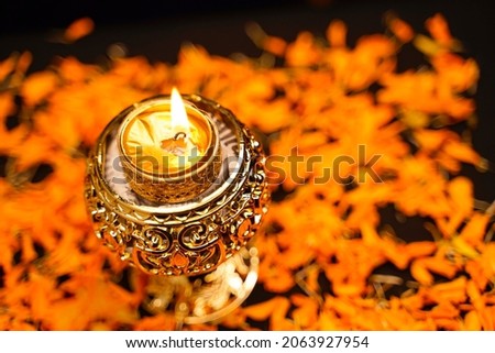 Traditional oil lamps with flower decoration for indian festival diwali.