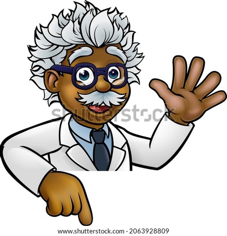 A cartoon scientist professor wearing lab white coat waving above sign and pointing at it