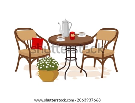 Cafeteria, chair, table, coffee pot, cup, flower pot. Vector clipart, isolated, white background. Royalty-Free Stock Photo #2063937668