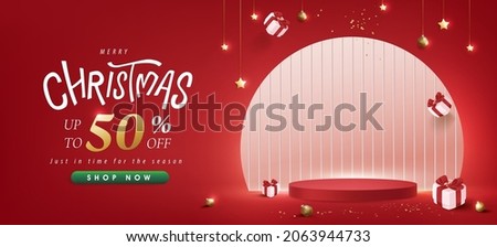 Merry Christmas sale promotion poster banner with product display and festive decoration red background