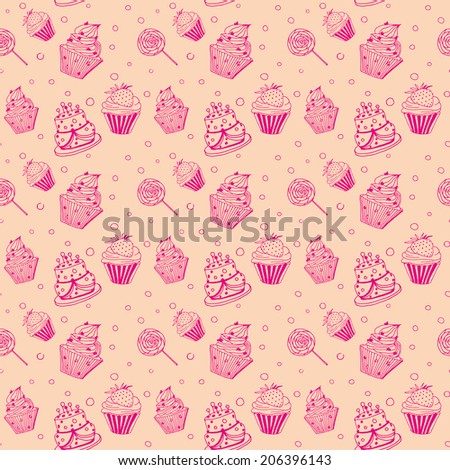 Beautiful and cute bakery seamless pattern with cupcakes, cake and candy hand drawn