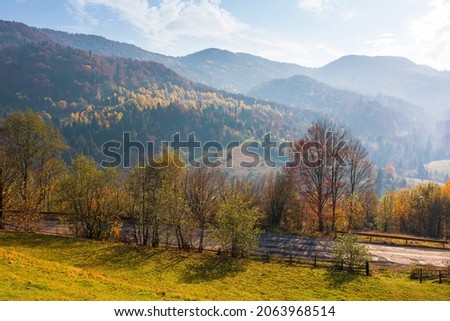 autumnal landscape in mountains. beautiful foggy morning. forests in fall foliage. bright sunny weather